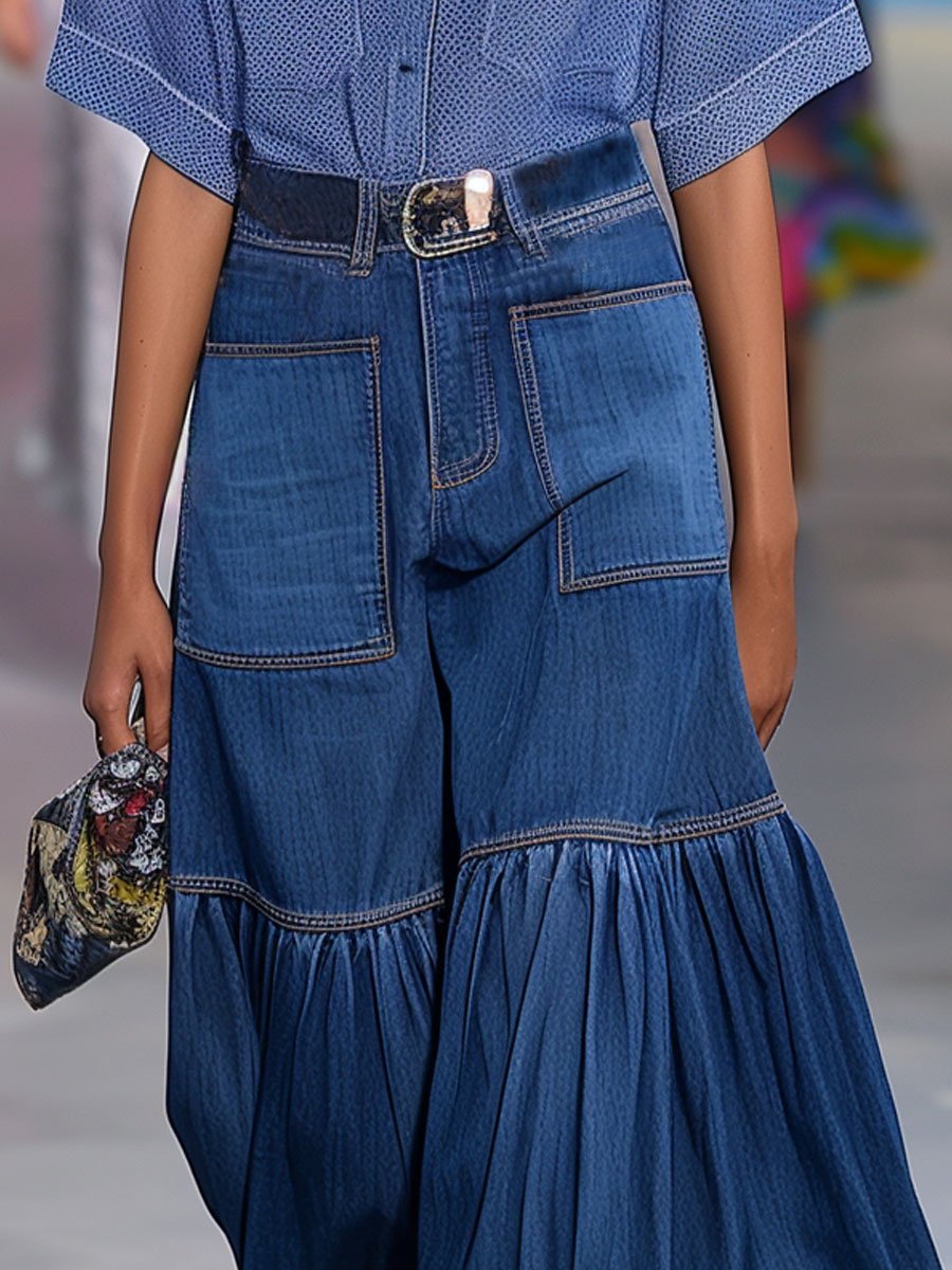 Xaveria - Casual Loose Retro Plissee Jeansrock-Hose