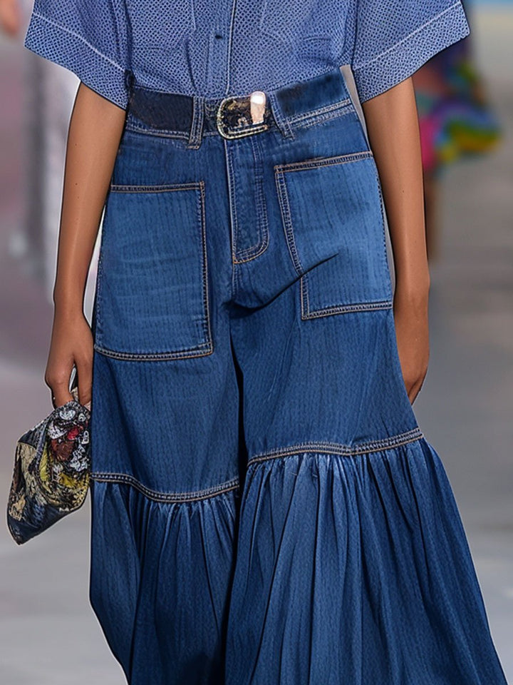 Xaveria - Casual Loose Retro Plissee Jeansrock-Hose