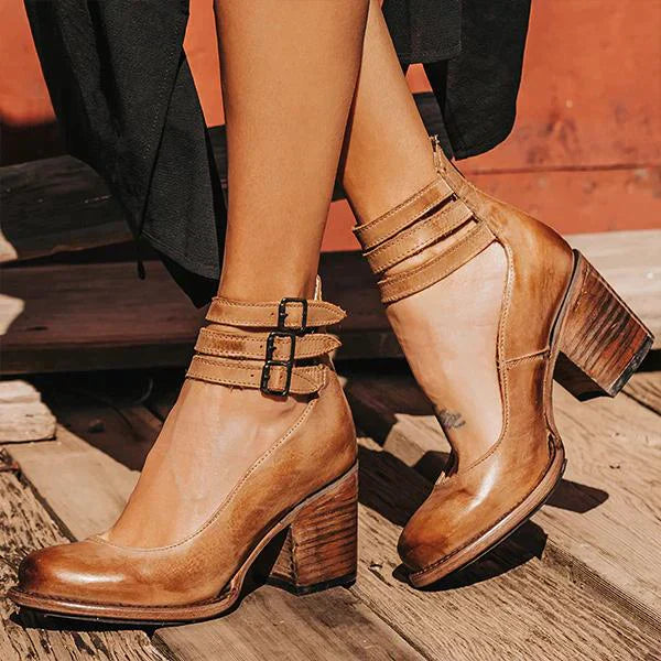 Bottines vintage à talon bloc avec double sangle – look cuir bohème pour femmes
