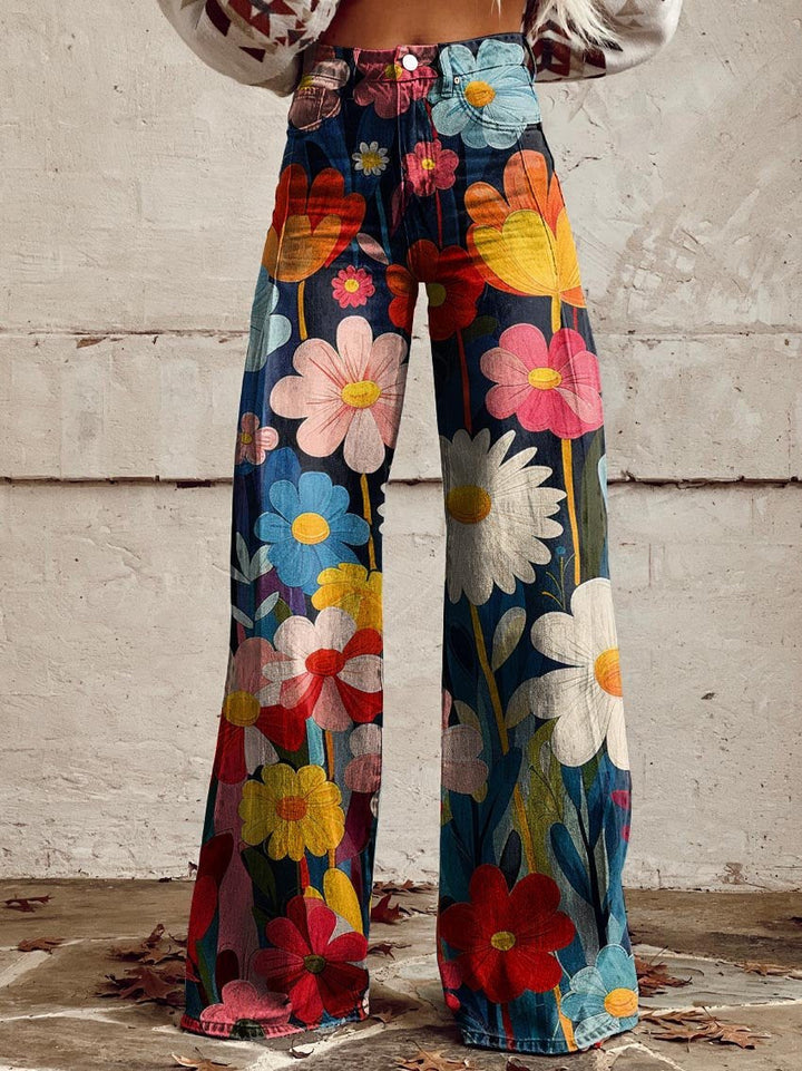 Jean évasé taille haute avec motif floral – Pantalon large rétro pour femmes style festival