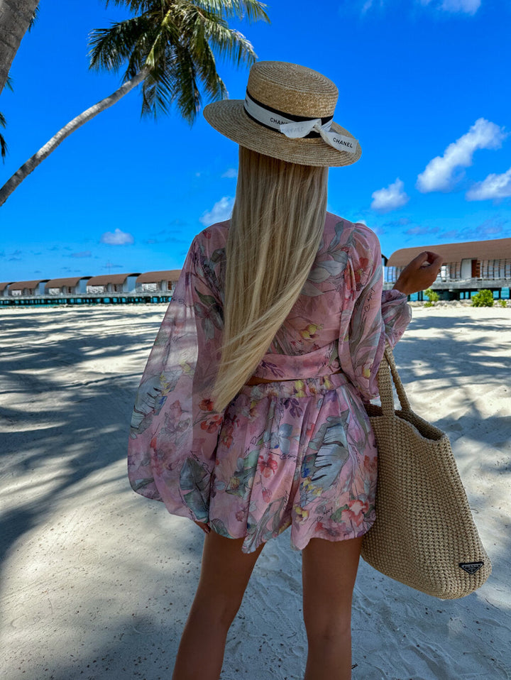 Leichter Sommer-Strandanzug mit langärmligem V-Ausschnitt und verspieltem Print – Perfekt für Strand & Urlaub