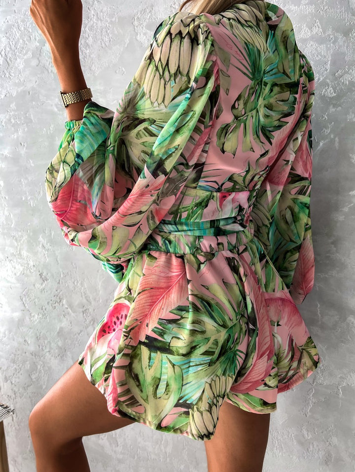 Leichter Sommer-Strandanzug mit langärmligem V-Ausschnitt und verspieltem Print – Perfekt für Strand & Urlaub