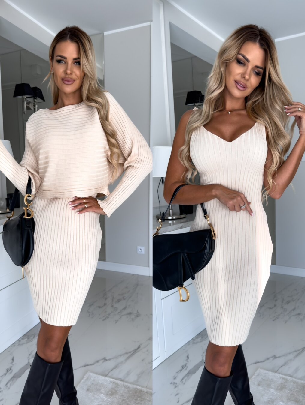 Clara Cozy Set – Ensemble élégant robe en maille & pull pour automne et hiver