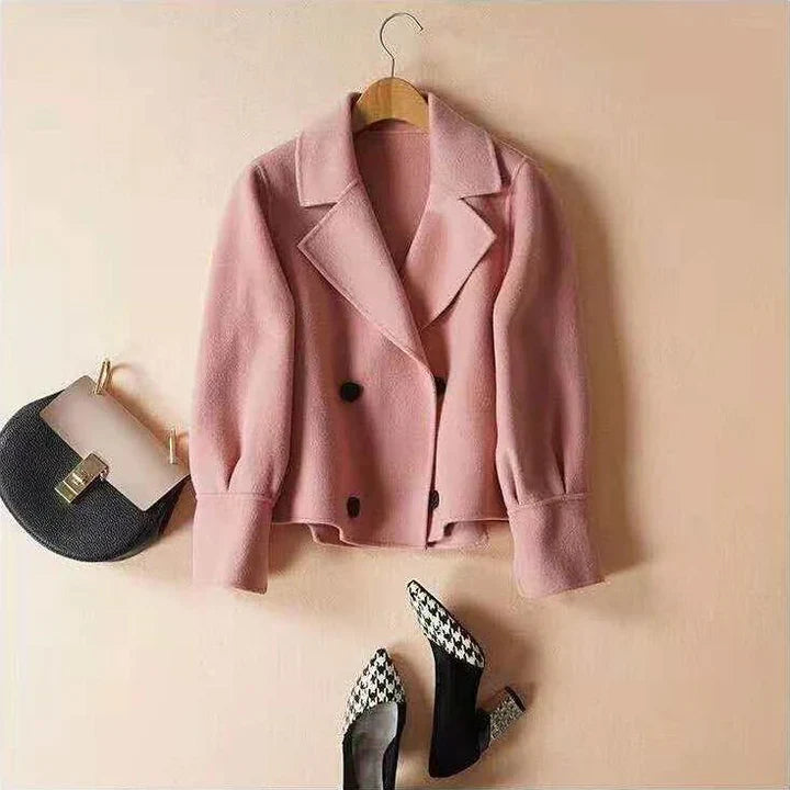 Veste courte élégante pour femmes avec col à revers – Blazer à double boutonnage aspect laine pour l'automne et le quotidien
