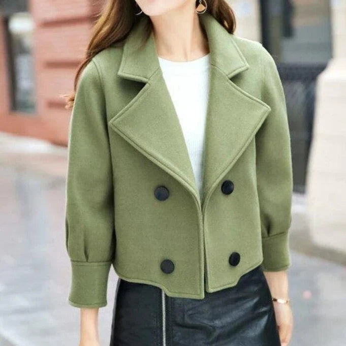 Veste courte élégante pour femmes avec col à revers – Blazer à double boutonnage aspect laine pour l'automne et le quotidien