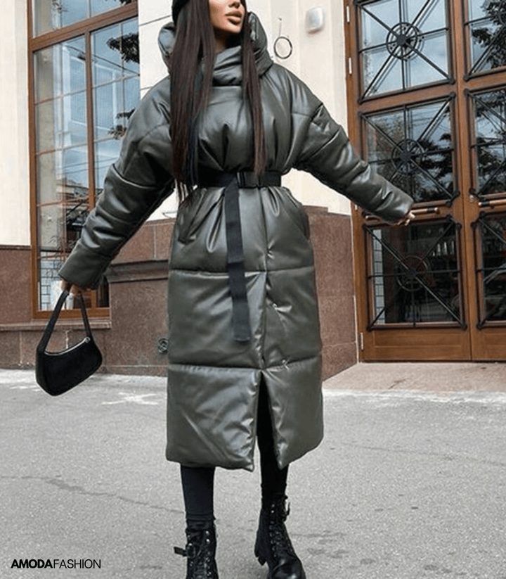 Veste matelassée longue en cuir avec ceinture