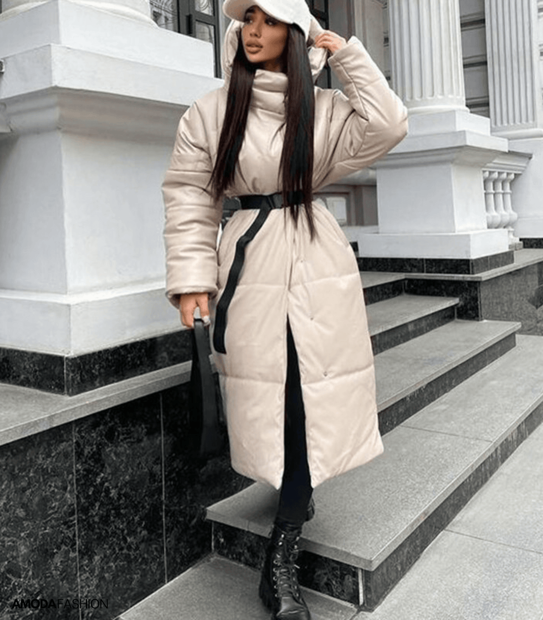 Veste matelassée longue en cuir avec ceinture