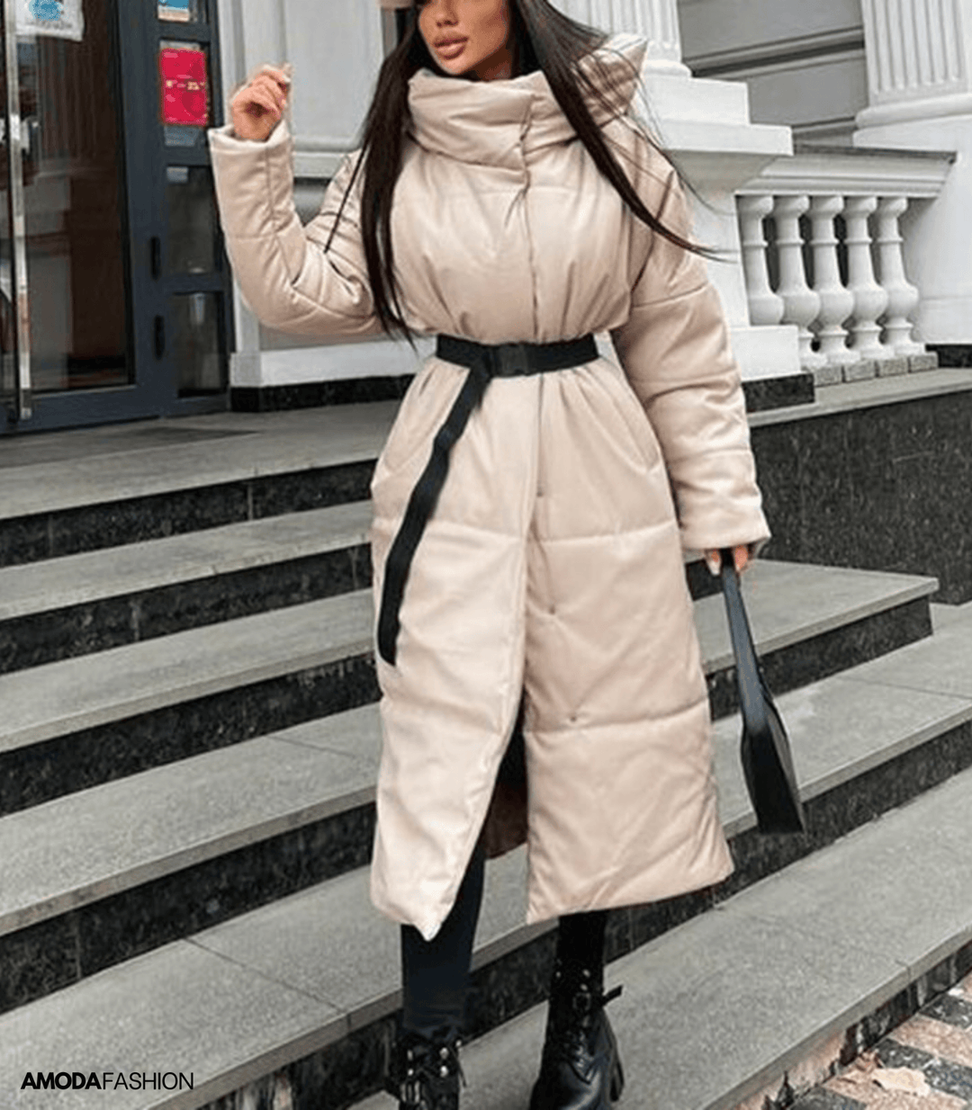 Veste matelassée longue en cuir avec ceinture