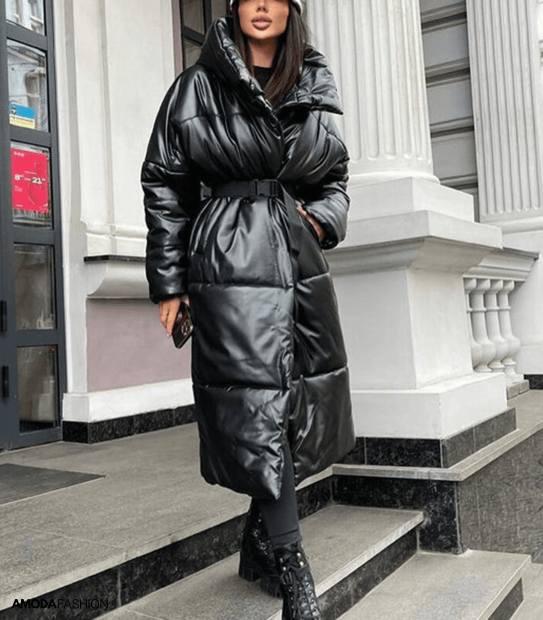 Veste matelassée longue en cuir avec ceinture