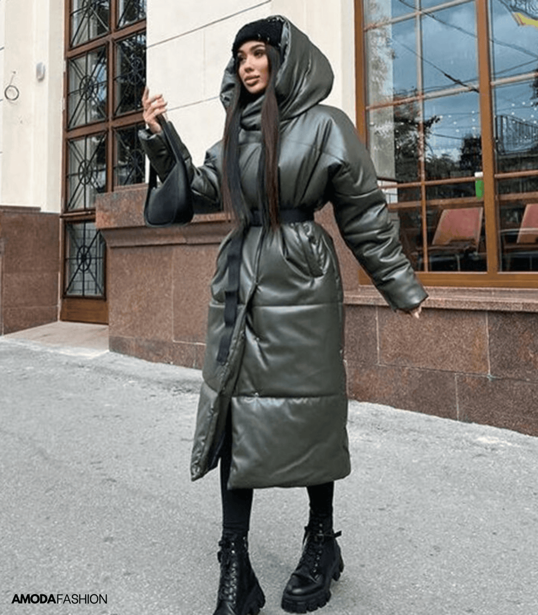 Veste matelassée longue en cuir avec ceinture
