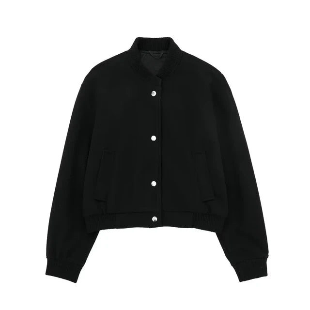 Veste bomber femme style college – Veste courte de mi-saison avec boutons-pression et bord-côte