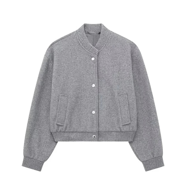 Veste bomber femme style college – Veste courte de mi-saison avec boutons-pression et bord-côte
