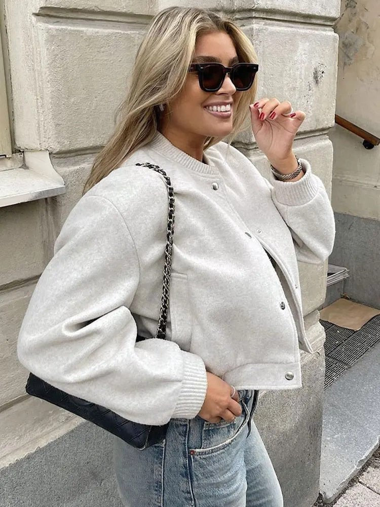 Veste bomber femme style college – Veste courte de mi-saison avec boutons-pression et bord-côte