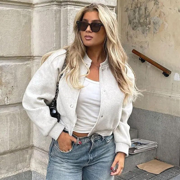 Veste bomber femme style college – Veste courte de mi-saison avec boutons-pression et bord-côte