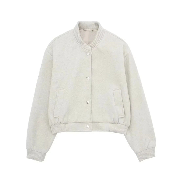 Veste bomber femme style college – Veste courte de mi-saison avec boutons-pression et bord-côte