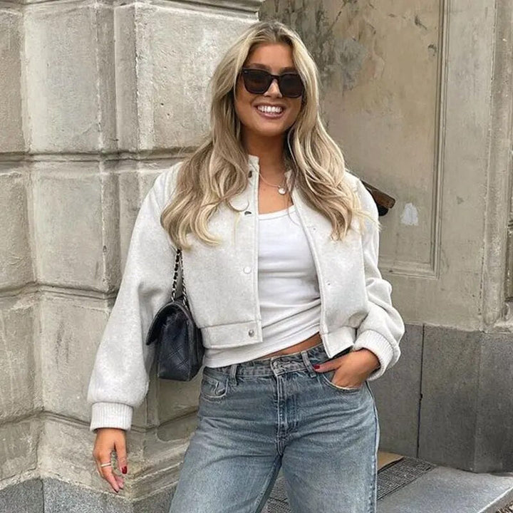 Veste bomber femme style college – Veste courte de mi-saison avec boutons-pression et bord-côte