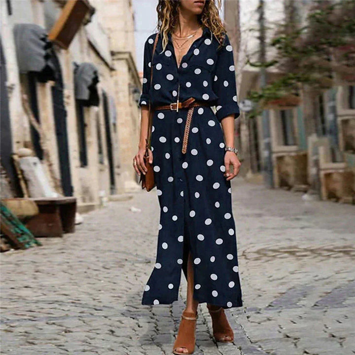 Vestito camicia a pois da donna – Vestito midi con cintura, abbottonatura e maniche 3/4 in stile casual-chic