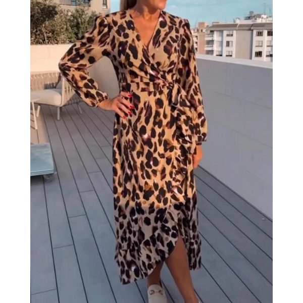 Robe portefeuille à motif léopard – robe midi avec décolleté en V et manches longues