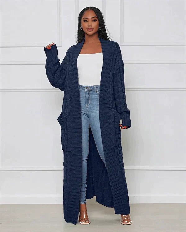 Cardigan long en tricot avec motif torsadé et poches – Manteau oversize douillet pour l'automne, l'hiver et les loisirs