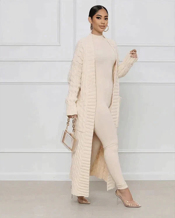 Cardigan long en tricot avec motif torsadé et poches – Manteau oversize douillet pour l'automne, l'hiver et les loisirs