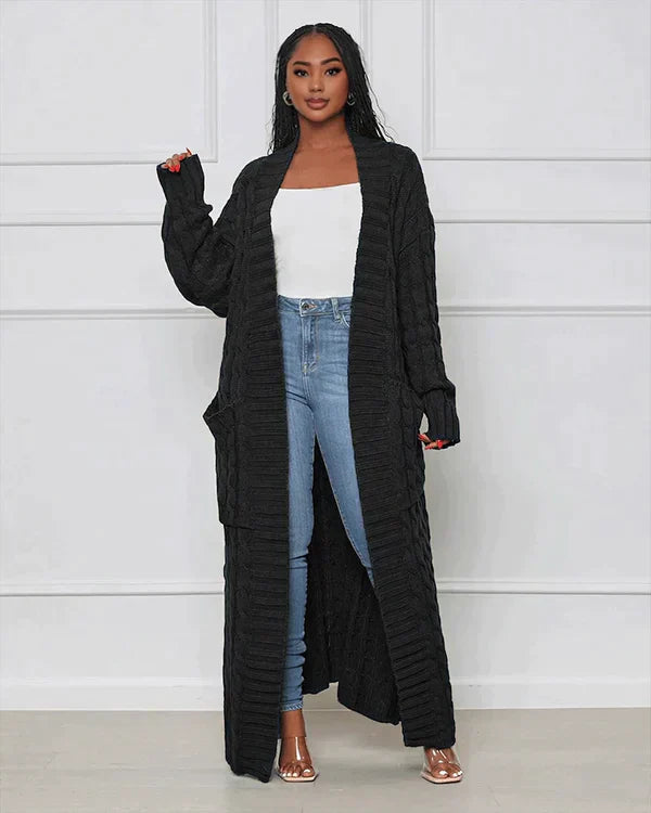 Cardigan long en tricot avec motif torsadé et poches – Manteau oversize douillet pour l'automne, l'hiver et les loisirs