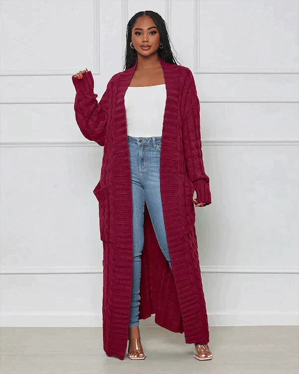 Cardigan long en tricot avec motif torsadé et poches – Manteau oversize douillet pour l'automne, l'hiver et les loisirs