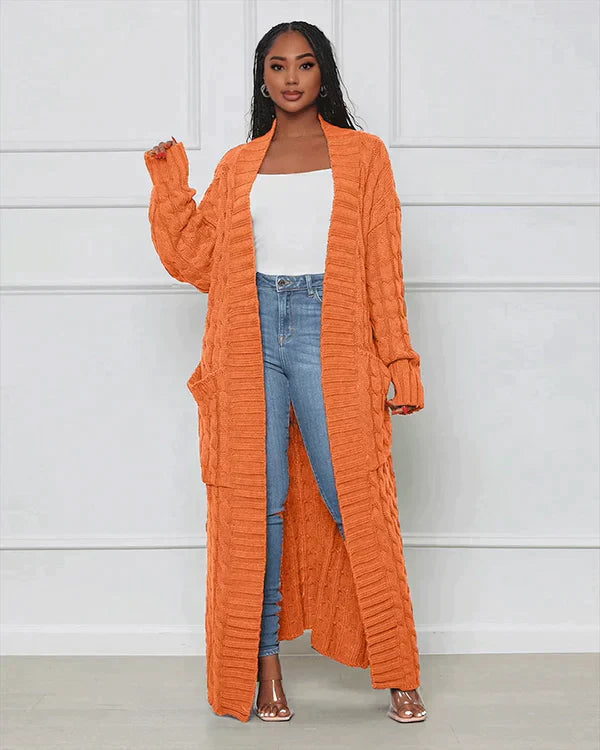 Cardigan long en tricot avec motif torsadé et poches – Manteau oversize douillet pour l'automne, l'hiver et les loisirs