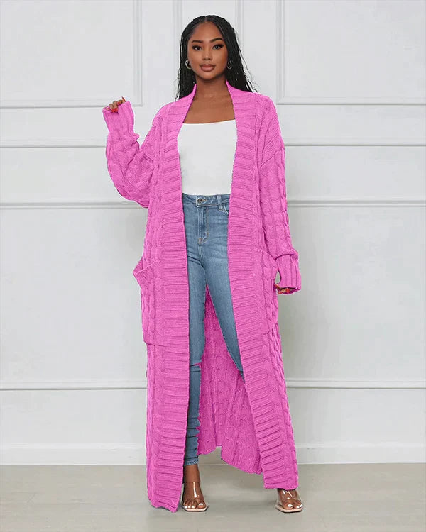 Cardigan long en tricot avec motif torsadé et poches – Manteau oversize douillet pour l'automne, l'hiver et les loisirs