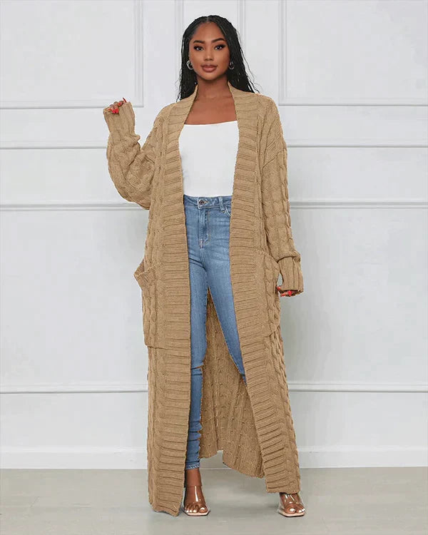 Cardigan long en tricot avec motif torsadé et poches – Manteau oversize douillet pour l'automne, l'hiver et les loisirs