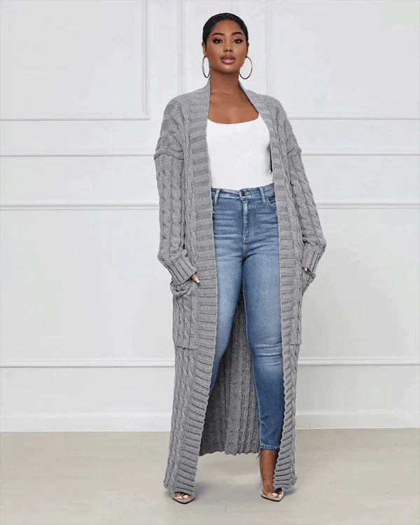 Cardigan long en tricot avec motif torsadé et poches – Manteau oversize douillet pour l'automne, l'hiver et les loisirs