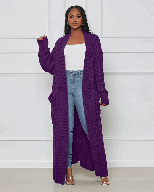 Cardigan long en tricot avec motif torsadé et poches – Manteau oversize douillet pour l'automne, l'hiver et les loisirs