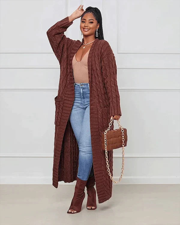 Cardigan long en tricot avec motif torsadé et poches – Manteau oversize douillet pour l'automne, l'hiver et les loisirs
