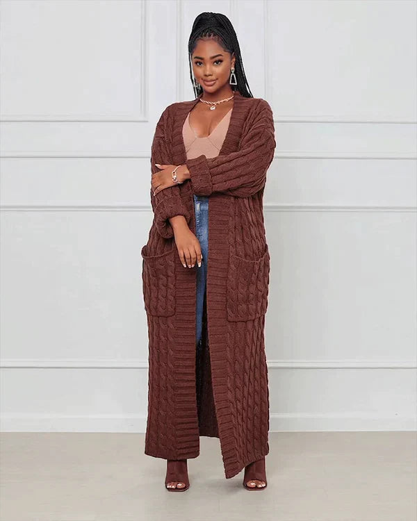 Cardigan long en tricot avec motif torsadé et poches – Manteau oversize douillet pour l'automne, l'hiver et les loisirs