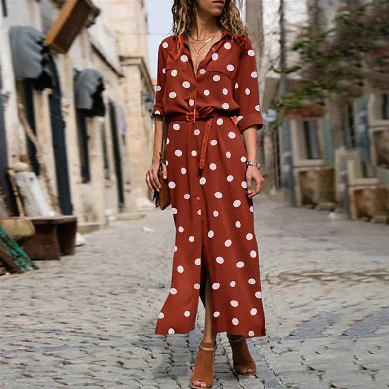 Vestito camicia a pois da donna – Vestito midi con cintura, abbottonatura e maniche 3/4 in stile casual-chic
