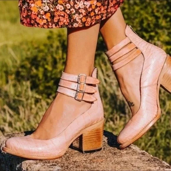 Bottines vintage à talon bloc avec double sangle – look cuir bohème pour femmes
