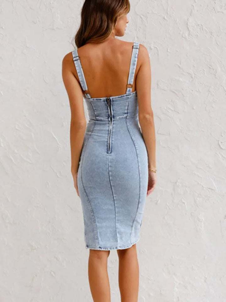 Damen Jeanskleid mit Schlitz & Reißverschluss – Figurbetontes Denim Midikleid für Alltag, Streetstyle & Sommer
