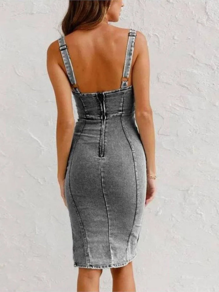 Damen Jeanskleid mit Schlitz & Reißverschluss – Figurbetontes Denim Midikleid für Alltag, Streetstyle & Sommer