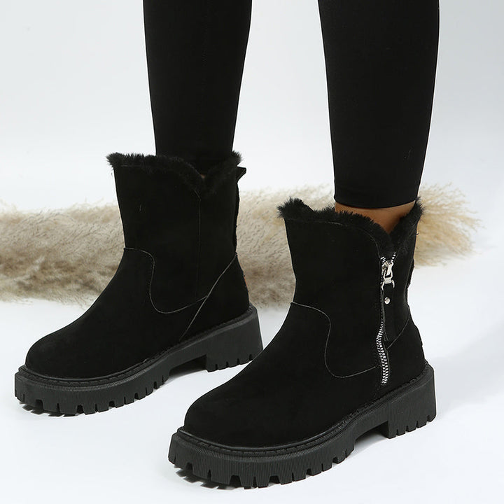 Bottes d'hiver doublées pour femmes avec fermeture éclair et semelle profilée épaisse – Bottes de neige antidérapantes