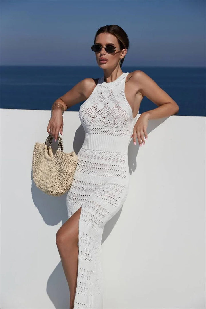 Caroline - Abito lungo in maglia senza maniche con spacco alto
