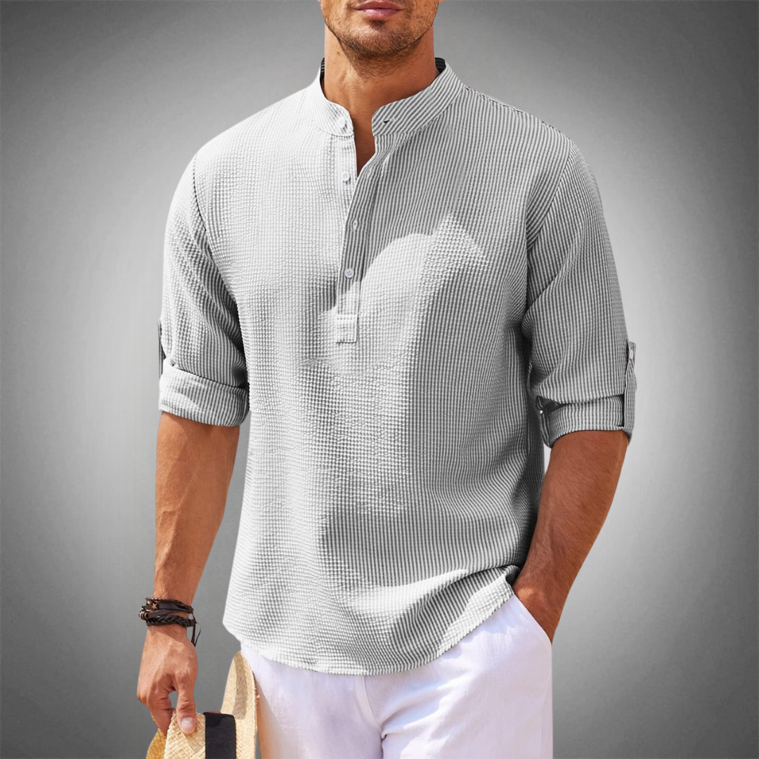 Chemise d'été légère pour homme avec col montant – Chemise texturée à manches longues pour vacances, plage et look décontracté