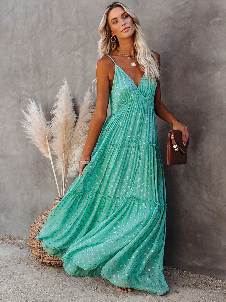 Boho Maxikleid Damen mit Spaghettiträgern – Luftiges Sommerkleid mit V-Ausschnitt & Blumenmuster für Strand & Urlaub