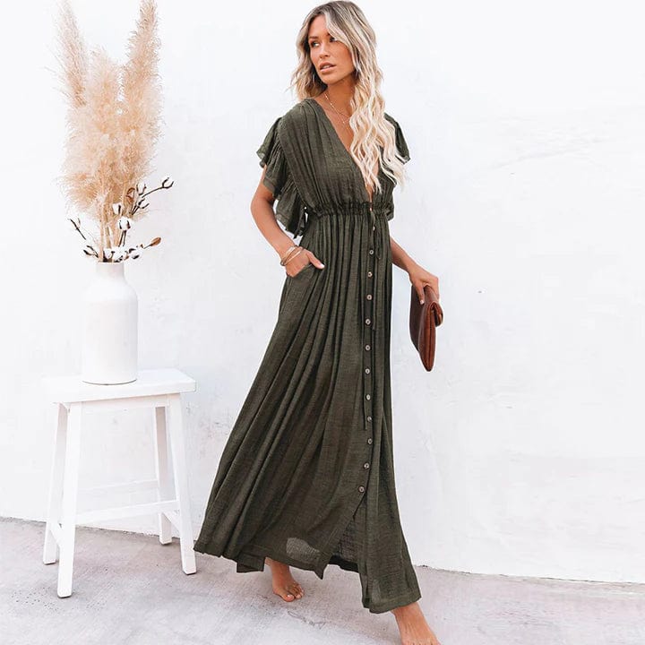 Abito lungo donna con abbottonatura e scollo a V – vestito estivo con maniche svolazzanti, elastico in vita e tasche per tutti i giorni e vacanze