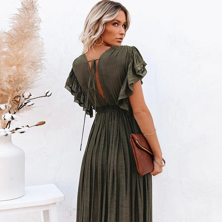 Abito lungo donna con abbottonatura e scollo a V – vestito estivo con maniche svolazzanti, elastico in vita e tasche per tutti i giorni e vacanze