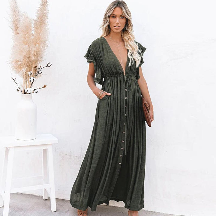 Abito lungo donna con abbottonatura e scollo a V – vestito estivo con maniche svolazzanti, elastico in vita e tasche per tutti i giorni e vacanze