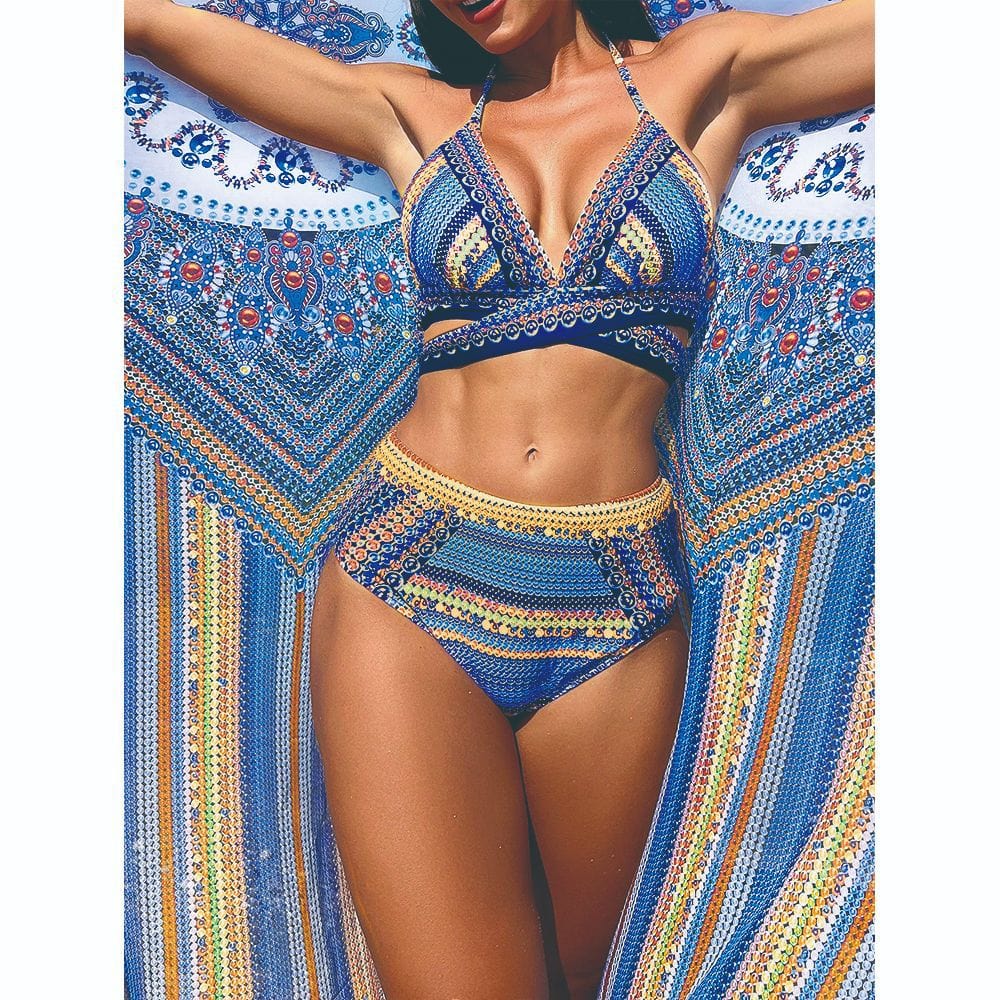 Boho Damen Bikini-Set mit High-Waist & Ethno-Muster – Inkl. Pareo für Strand, Pool & Festivals