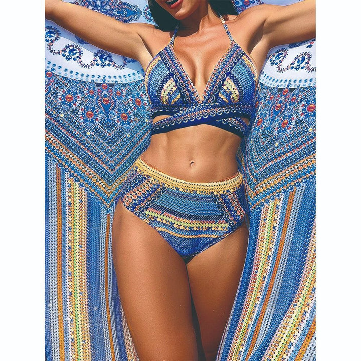 Boho Damen Bikini-Set mit High-Waist & Ethno-Muster – Inkl. Pareo für Strand, Pool & Festivals