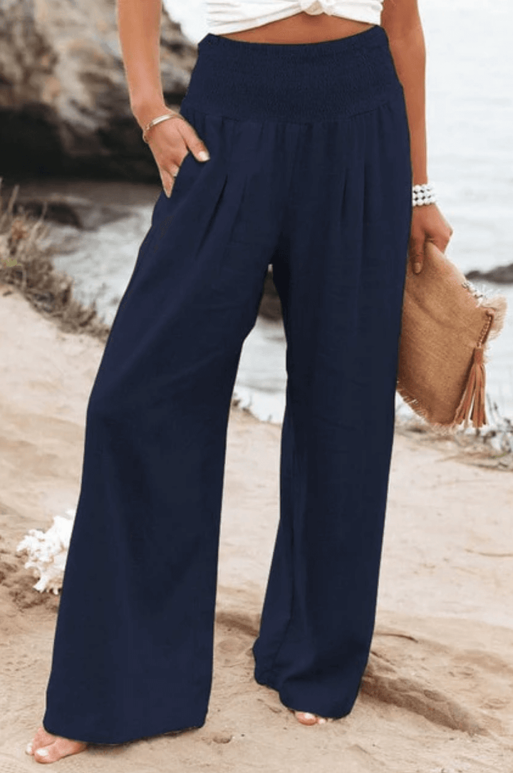Pantaloni estivi larghi da donna con coulisse arricciata – Pantaloni da spiaggia ariosi con vita alta e taglio palazzo