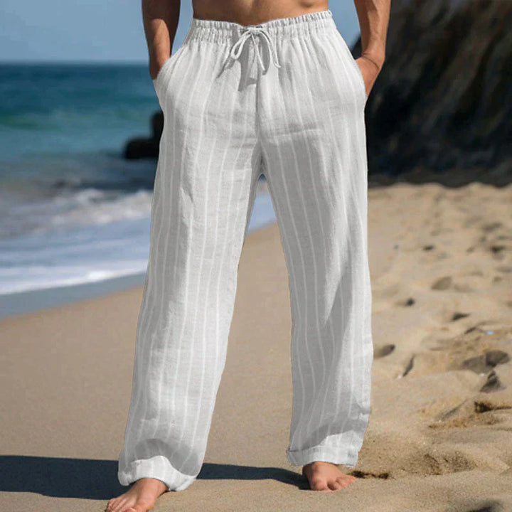 Herren Leinenhose mit Kordelzug – Luftige Freizeithose mit weitem Bein & Streifen für Strand, Sommer & Urlaub