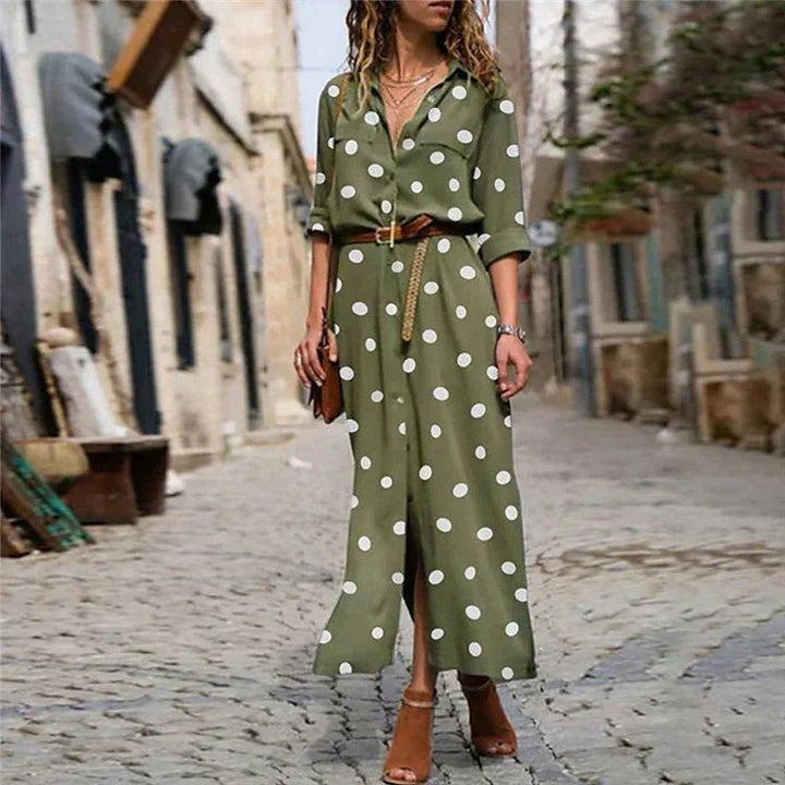 Vestito camicia a pois da donna – Vestito midi con cintura, abbottonatura e maniche 3/4 in stile casual-chic