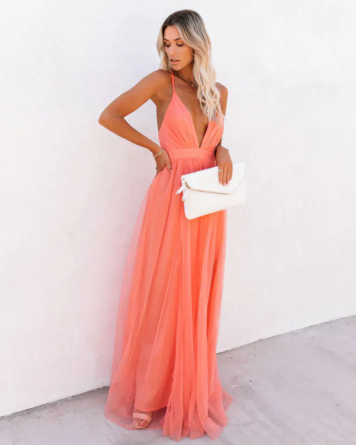 Abito lungo da donna con scollo a V profondo – Abito in tulle arioso con spalline sottili per estate, matrimonio e festa in spiaggia